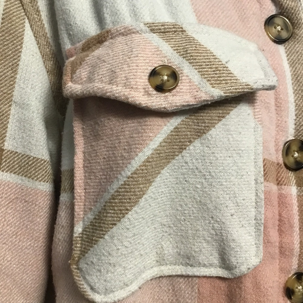 M plaid shirt jacket size L pink white and tan