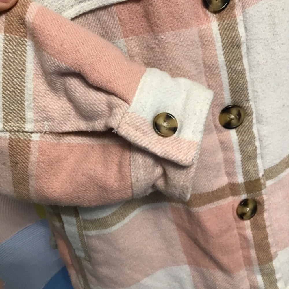 M plaid shirt jacket size L pink white and tan