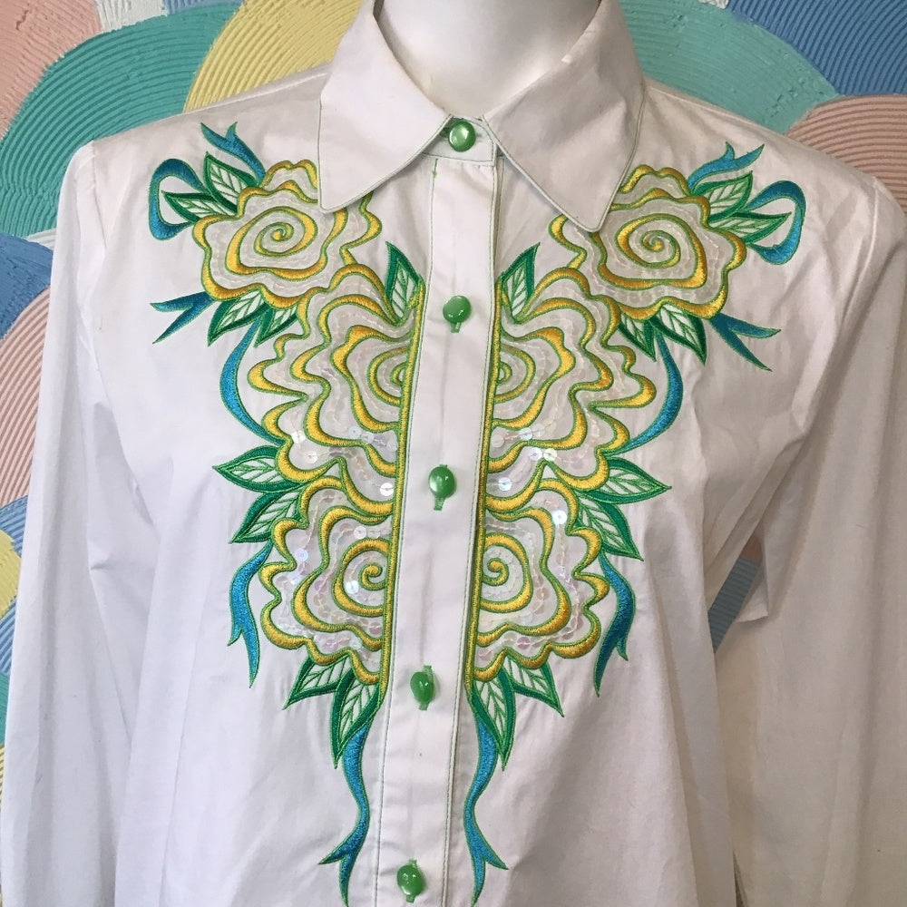 Bob Mackie Artistic Sequin Button Down long sleeve top szXS embroidered