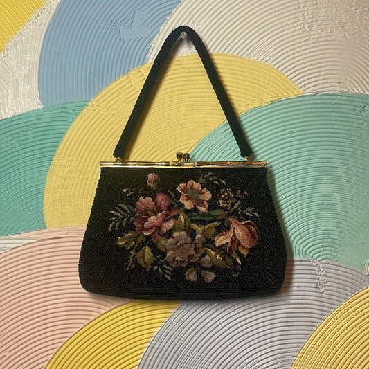Creation of Kishua’s purse full glass beaded tapestry embroidered flowers gold