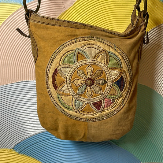 Rare Vintage Lucky Brand Inspired purse patchwork Mandela flower brass leather