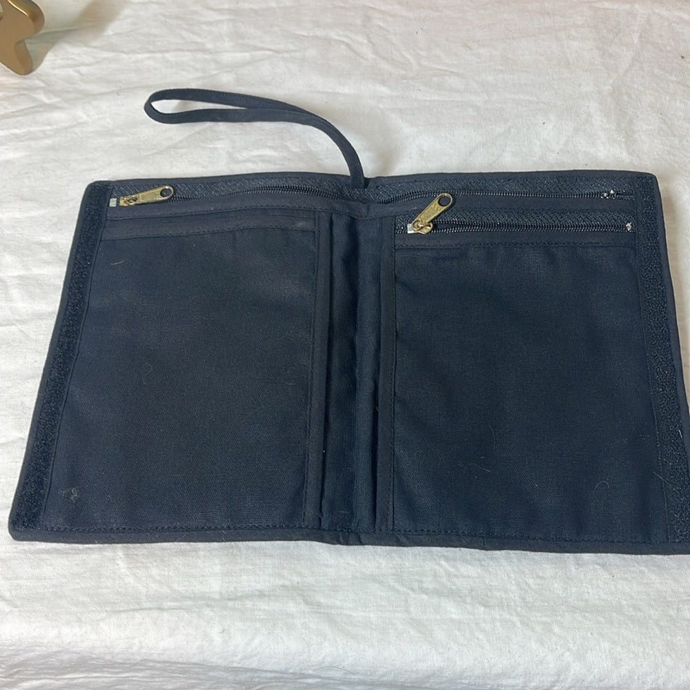 Embroidered passport holder with Velcro and multiple zippers featuring Peacock