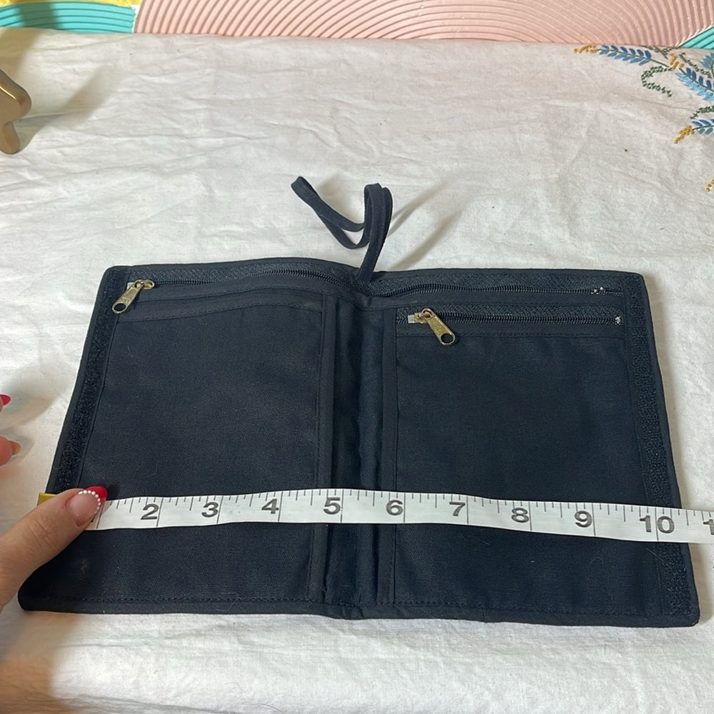 Embroidered passport holder with Velcro and multiple zippers featuring Peacock