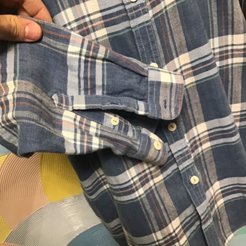 LOB plaid mans long sleeve blue shirt size L 100% cotton