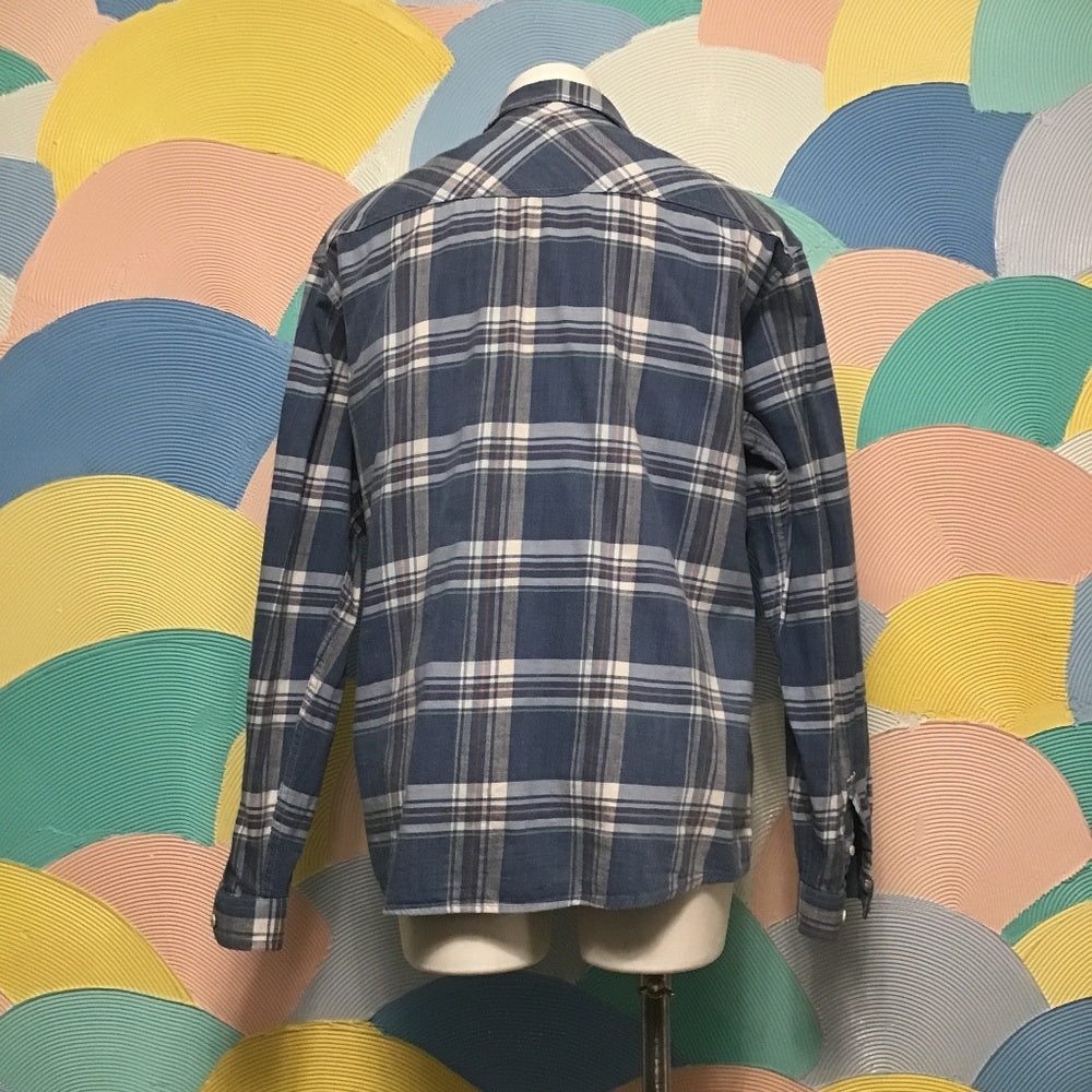 LOB plaid mans long sleeve blue shirt size L 100% cotton