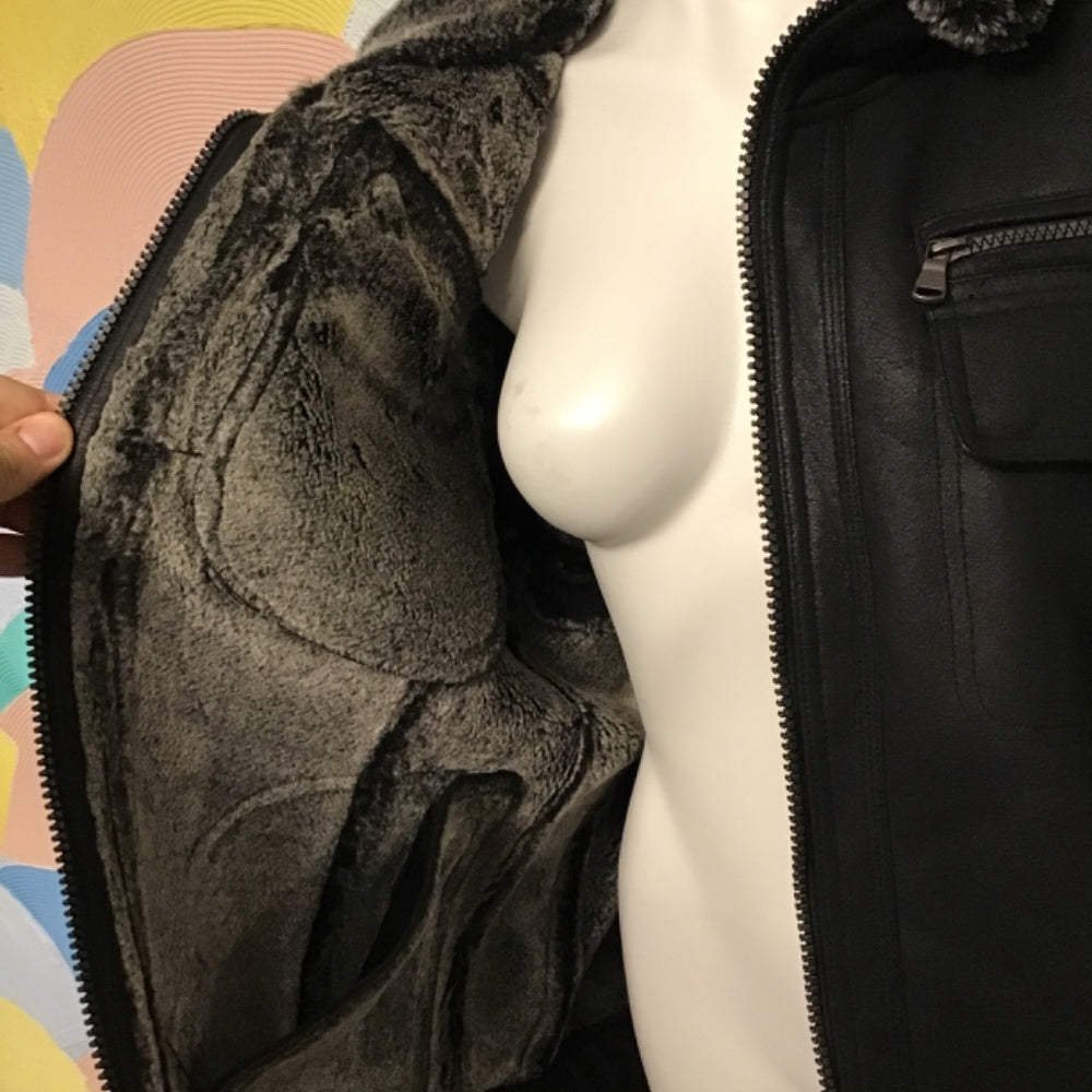 Never worn Calvin Klein black Jacket leather faux Fur size L