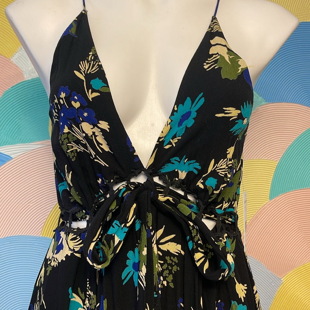 Free people NWT floral blue black V-neck dress cut out back with belt & slip XS