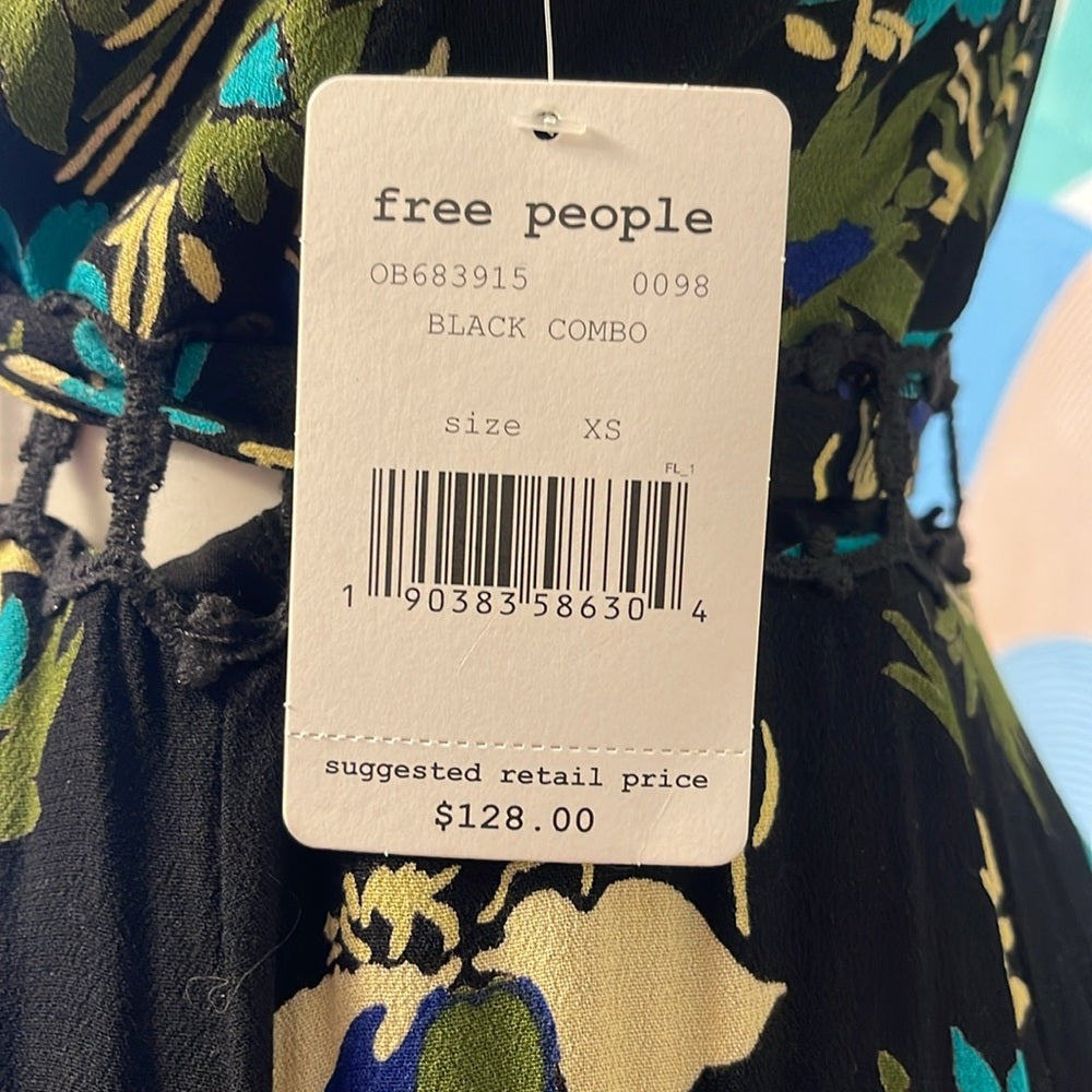 Free people NWT floral blue black V-neck dress cut out back with belt & slip XS