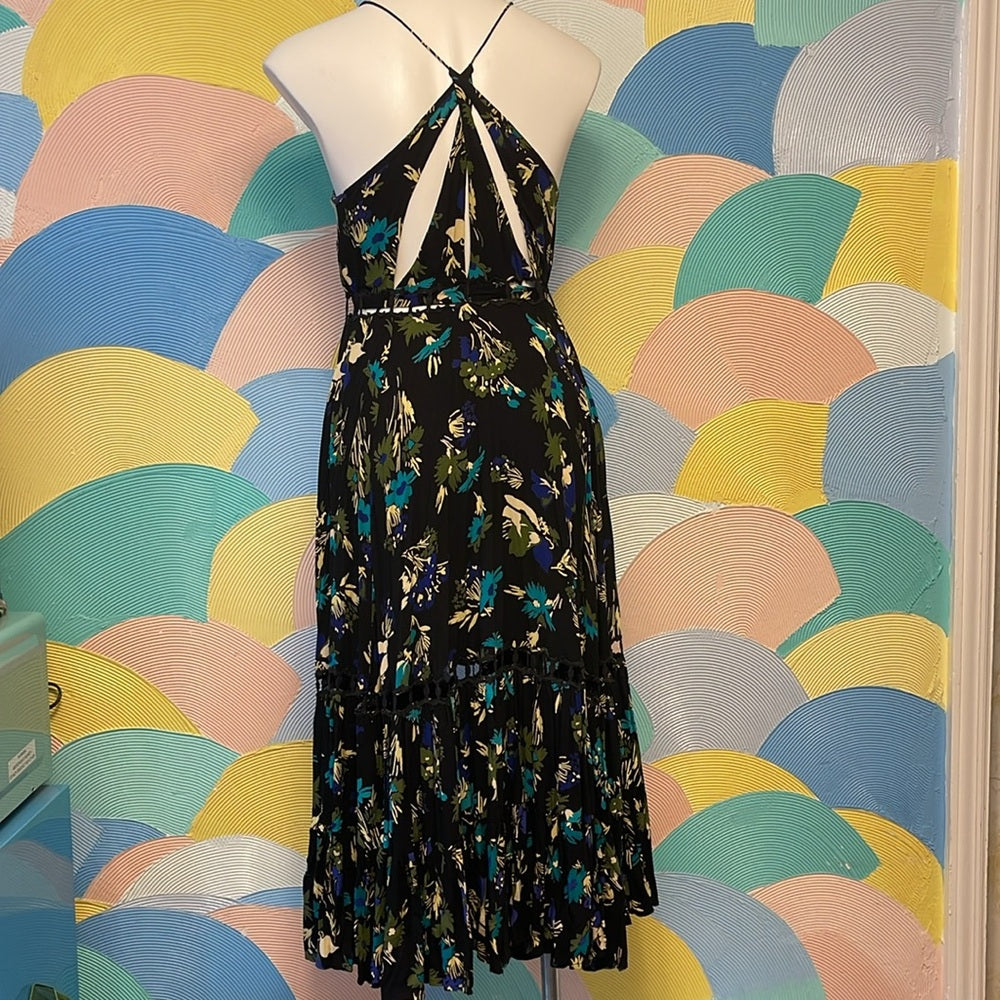 Free people NWT floral blue black V-neck dress cut out back with belt & slip XS