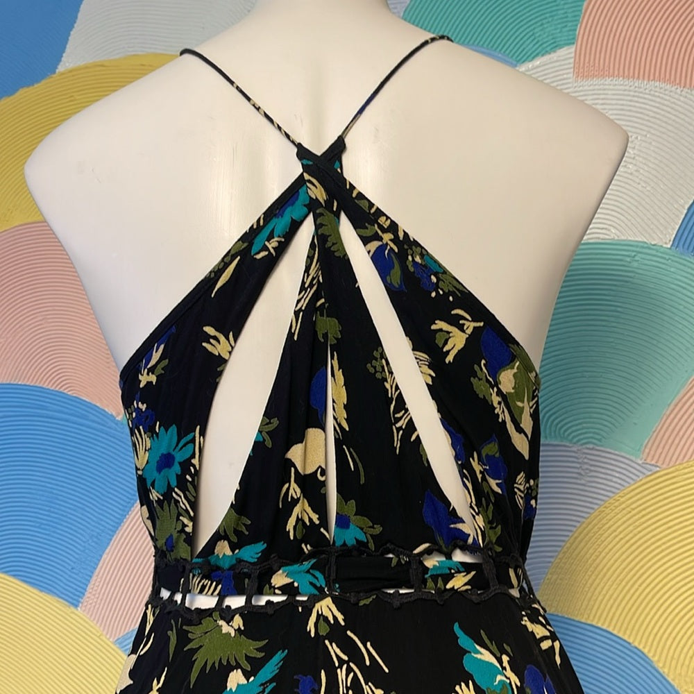 Free people NWT floral blue black V-neck dress cut out back with belt & slip XS