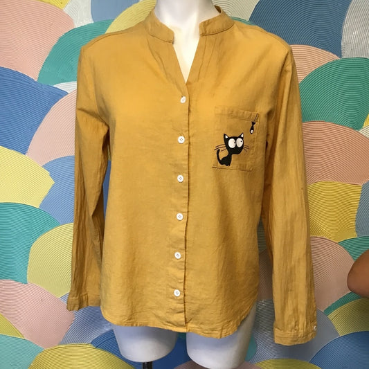 Linen yellow long sleeve cat themed button up Sz L