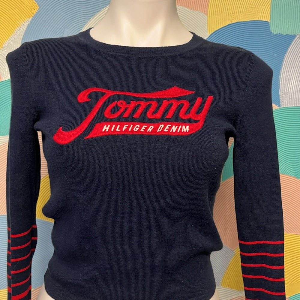 Tommy Hilfiger Denim Sweater Size M navy blue  red long sleeve stretchy midriff