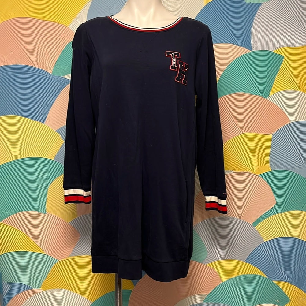 Tommy Hillinger sweatshirt dress with pockets long sleeves navy blue red white L