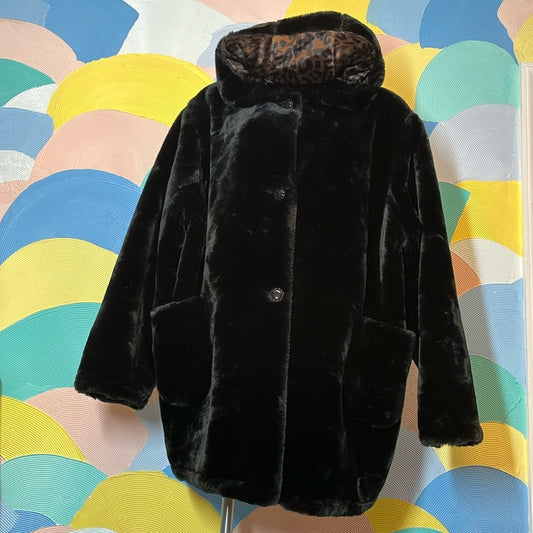 NY classics Vintage black faux fur 80 cheetah print hood silk lining big buttons