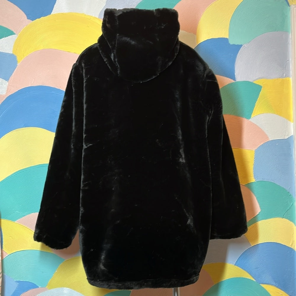 NY classics Vintage black faux fur 80 cheetah print hood silk lining big buttons