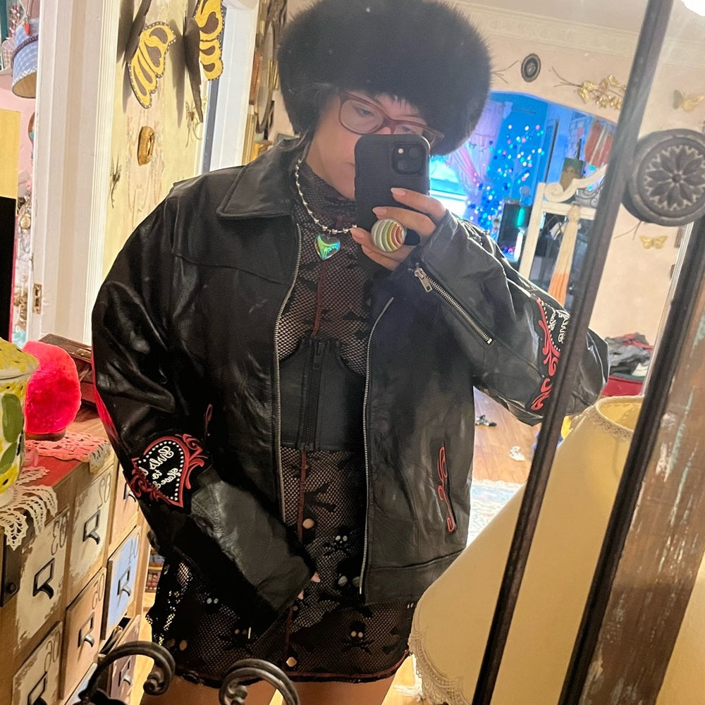 Diamond plate genuine leather patch girls love to have fun vintage XL motorcycle