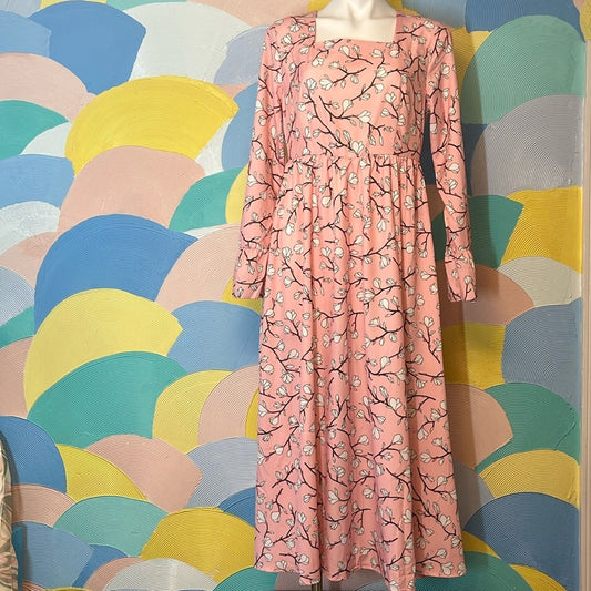 Long sleeve Maxi cherry blossom dress square neckline high waist line XL