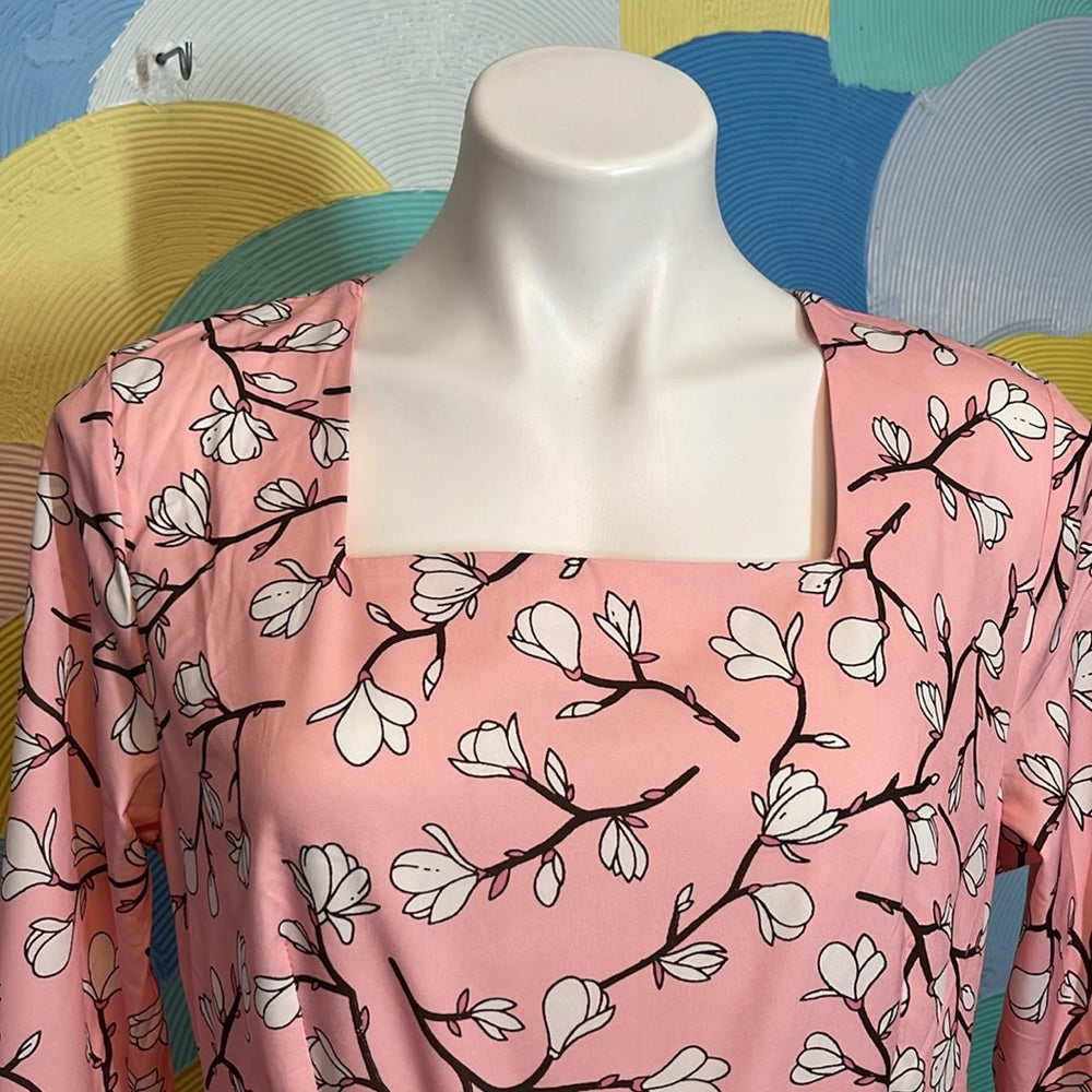 Long sleeve Maxi cherry blossom dress square neckline high waist line XL
