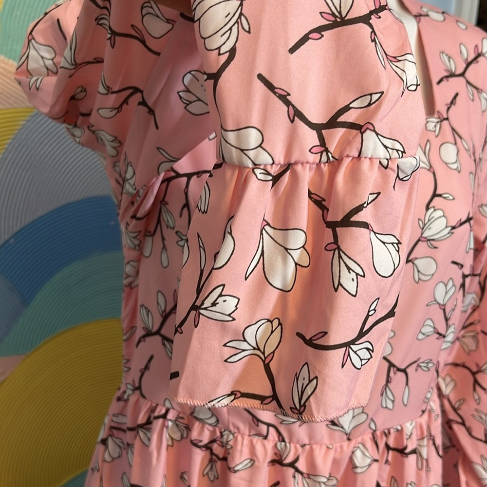 Long sleeve Maxi cherry blossom dress square neckline high waist line XL