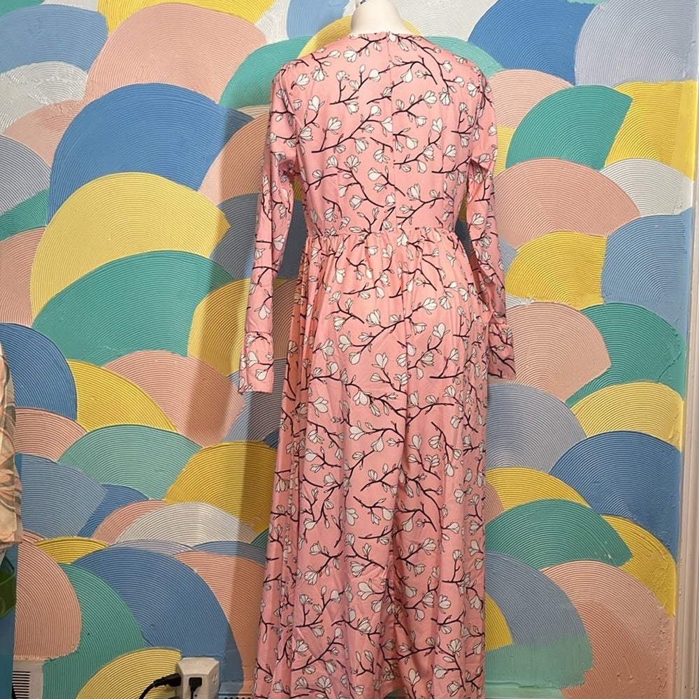 Long sleeve Maxi cherry blossom dress square neckline high waist line XL