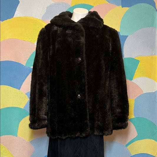 Vintage Dunrowsky & Perlbinder  brown Faux Fur Coat leather trim buttons