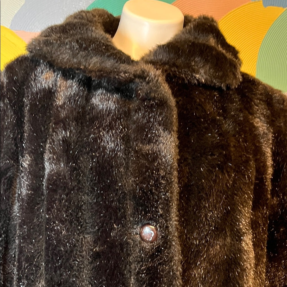 Vintage Dunrowsky & Perlbinder  brown Faux Fur Coat leather trim buttons