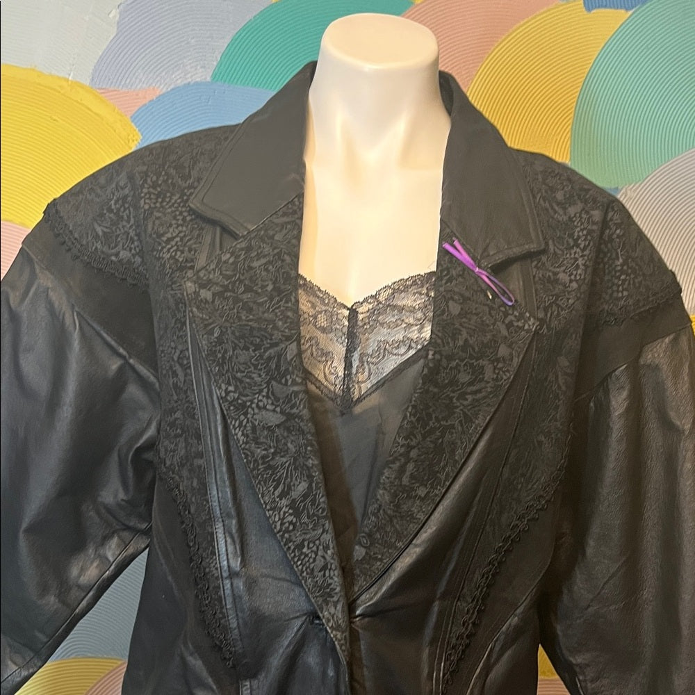 Vintage 80s long leather black trenchcoat with slip lace velvet Paisley pattern