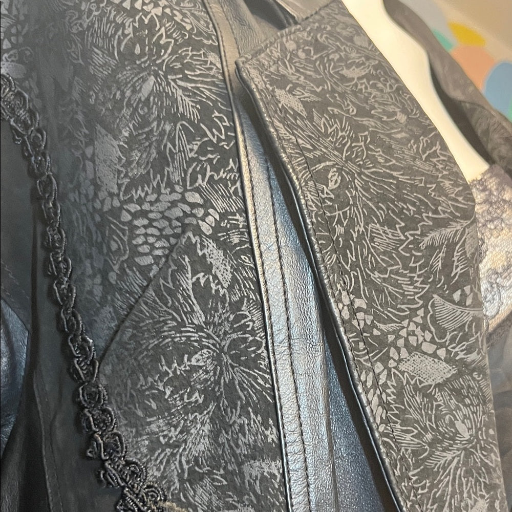 Vintage 80s long leather black trenchcoat with slip lace velvet Paisley pattern