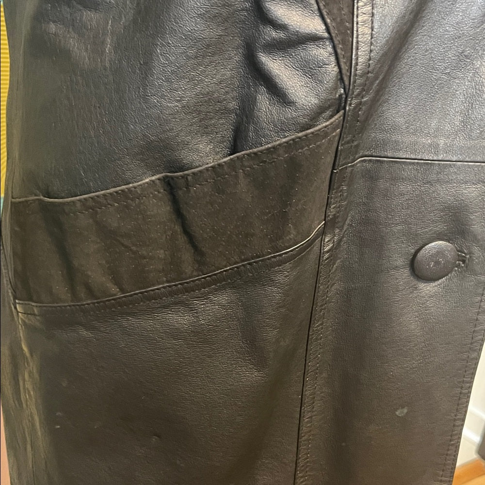 Vintage 80s long leather black trenchcoat with slip lace velvet Paisley pattern