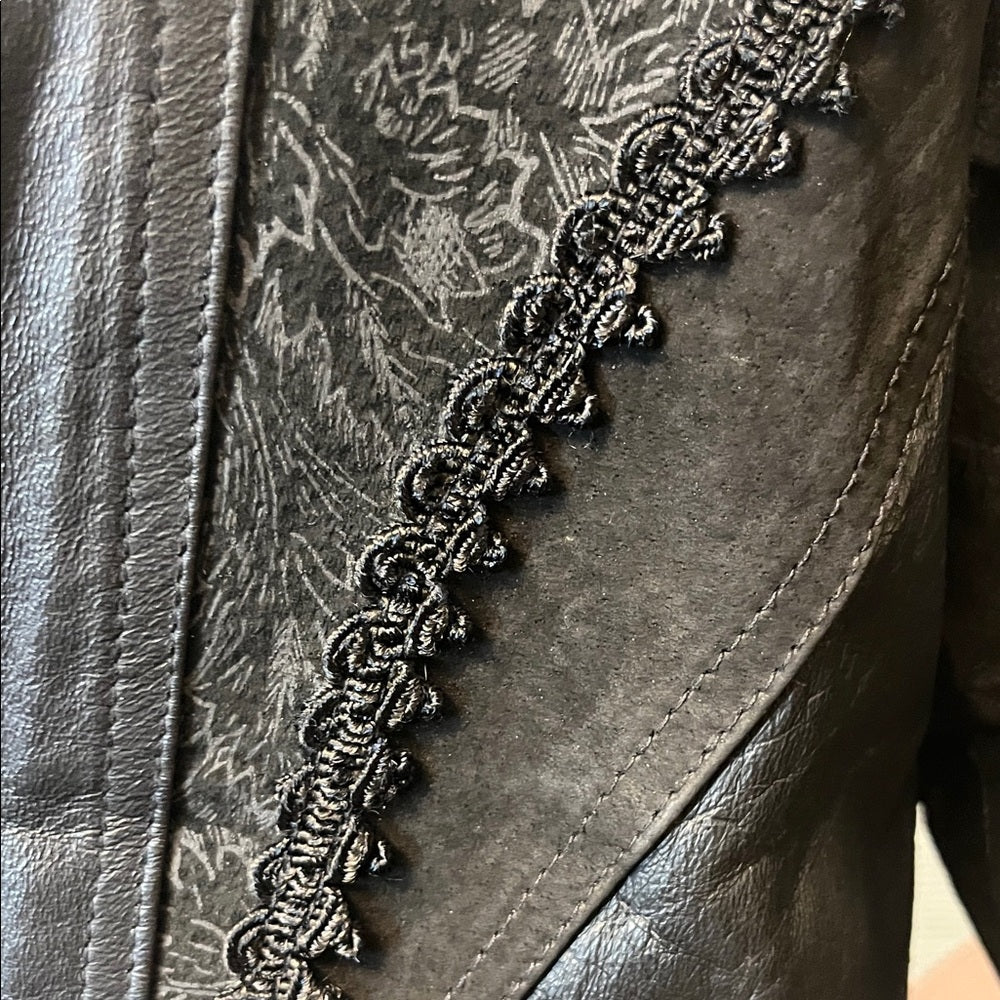 Vintage 80s long leather black trenchcoat with slip lace velvet Paisley pattern