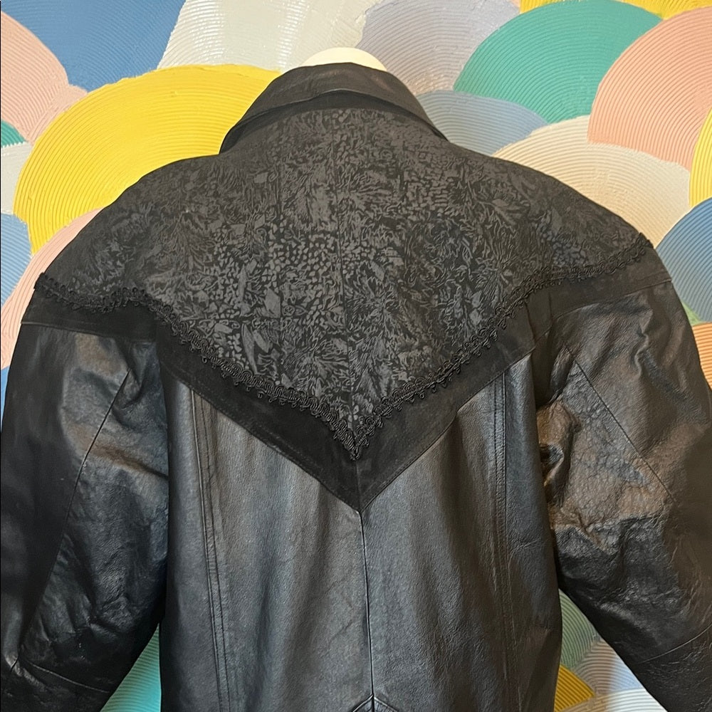 Vintage 80s long leather black trenchcoat with slip lace velvet Paisley pattern