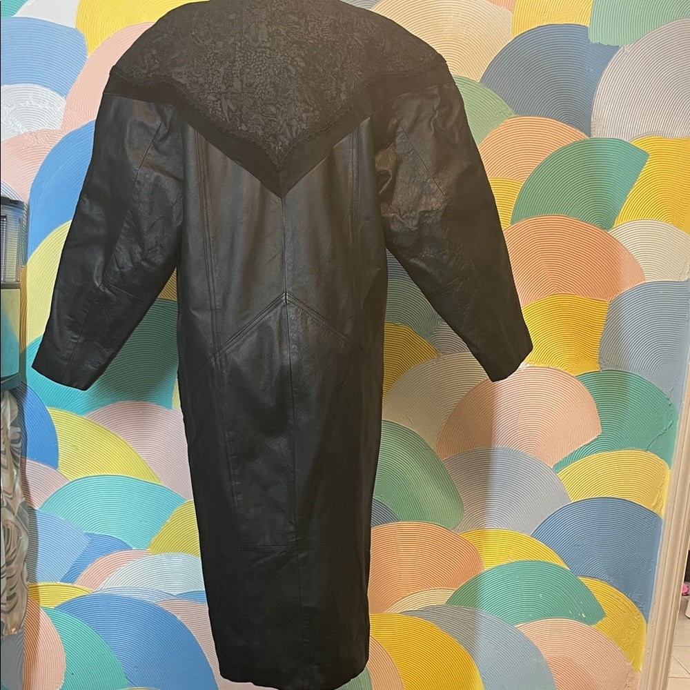 Vintage 80s long leather black trenchcoat with slip lace velvet Paisley pattern